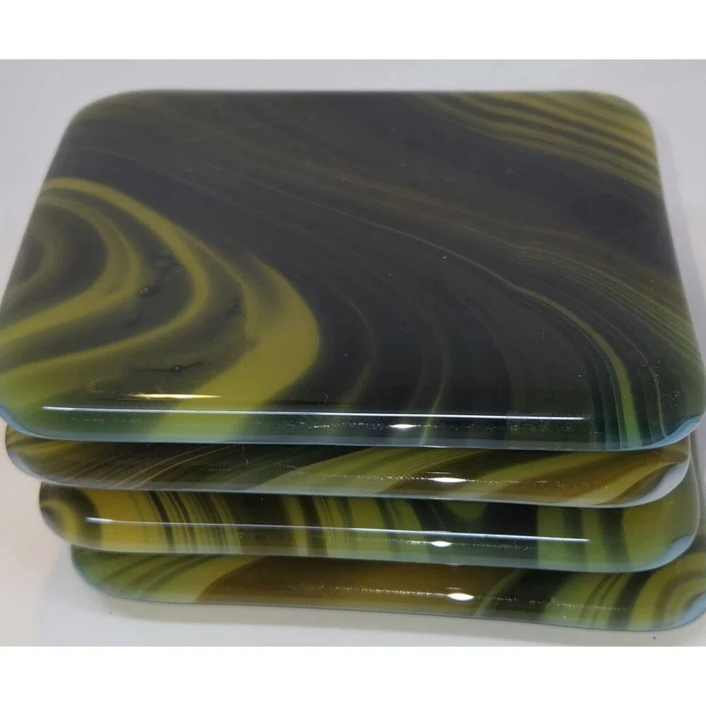 Handmade Fused Art Glass Coasters Set 4 Green Gold Tiger Eye Swirl 4x4 Square